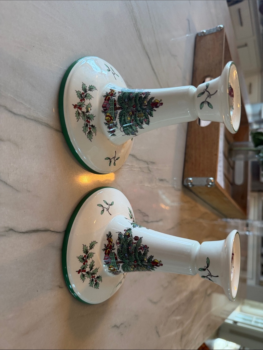 Spode - Holiday Ceramic Candle Holders in Cream and Green - Set of 2